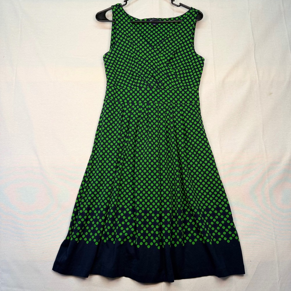 Lands End Womens XS 2-4 Polka Dot Faux Wrap Fit & Flare Dress Navy Green